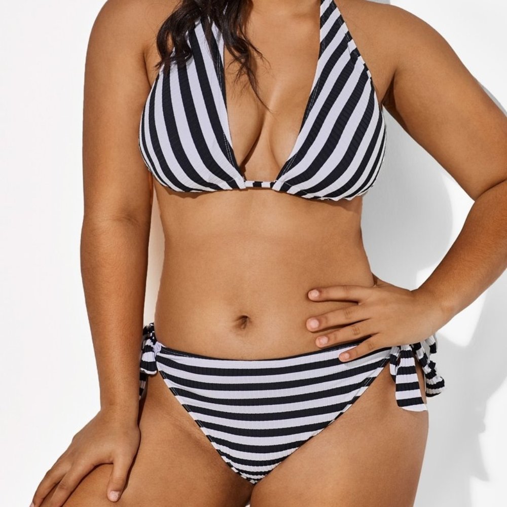 Meet Curve- Self Tie Striped Ribbed Triangle Bikini Set, Large
